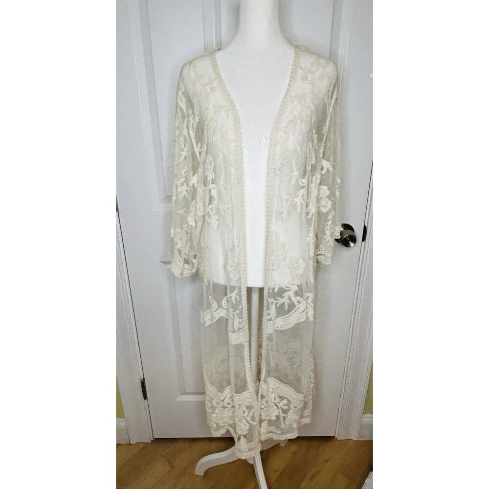 Lace Duster Kimono Cover Up Cardigan Women's L/XL Cream Ivory Floral Boho Sheer